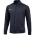 A dark navy blue, full-zip Nike track jacket with a stand-up collar and a white swoosh logo on the chest.