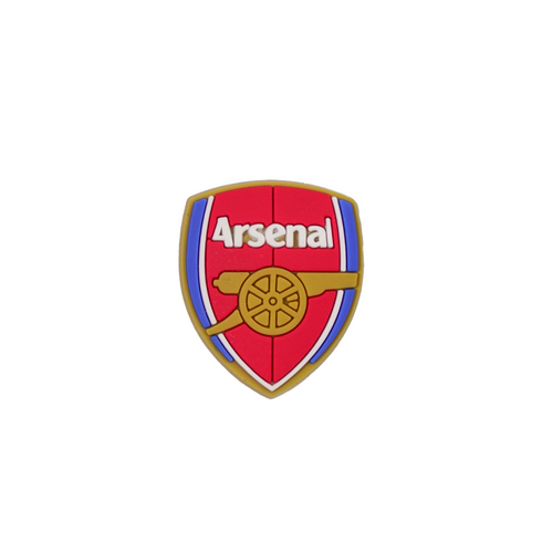 A shield-shaped Soccer Croc Charm featuring the Arsenal football club crest in red, white, blue, and gold, centered on a white background.