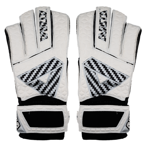 White and black goalkeeper gloves with a textured backhand and chevron pattern triangular logos on the back and fingers, shown against a white background.