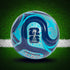 A blue and silver patterned soccer ball with FIFA World Cup 2026 and Adidas branding sits on a green grass field near a white line.