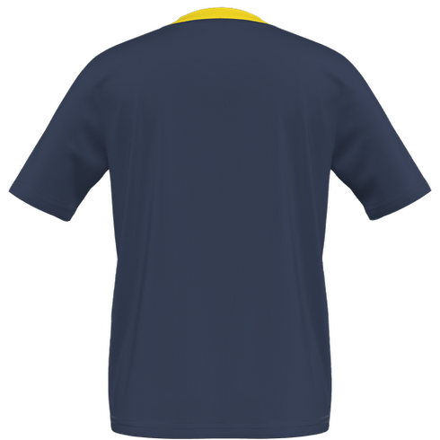 Back view of a navy blue short-sleeved t-shirt with a yellow collar.