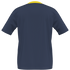 Back view of a navy blue short-sleeved t-shirt with a yellow collar.