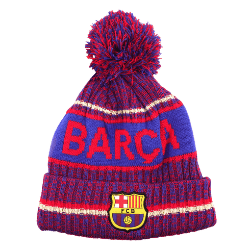 A blue and red knit FC Barcelona bobble hat featuring the word "BARÇA" in large red letters across the center and the official team crest on the folded brim.