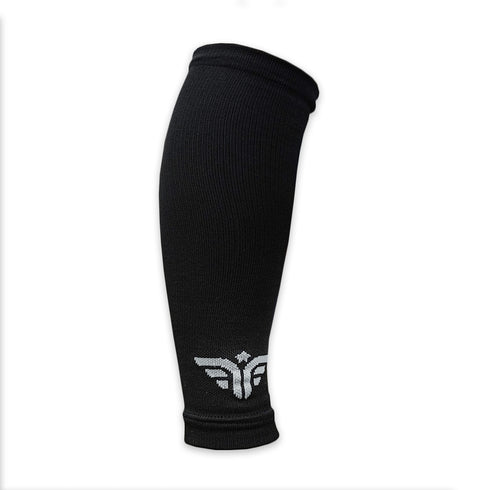 A single black For The Footballer XLR8R Regular Leg Sleeve featuring a grey embroidered winged logo at the bottom, shown against a plain white background.