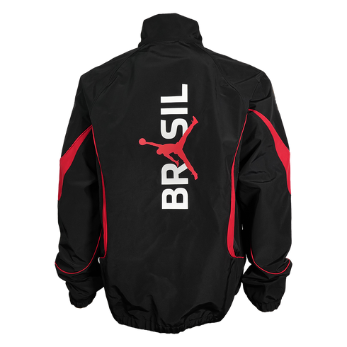 Back of a black Jordan athletic jacket with red accents. Features a large white vertical "BRASIL" text overlaid with a red Jumpman logo.