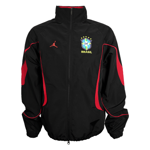 Black zip-up windbreaker jacket with red accents, featuring a red Jordan Jumpman logo and the Brazil national football team crest on the chest.