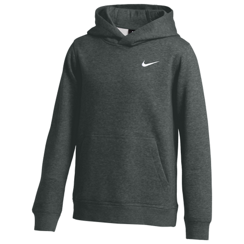 A dark gray Nike hoodie with a white swoosh logo, a kangaroo pocket, and ribbed cuffs and hem, shown against a white background.