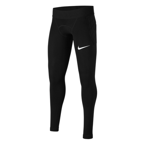 Full-length black Nike compression tights featuring a white swoosh on the left thigh and quilted padding on the outer hip.