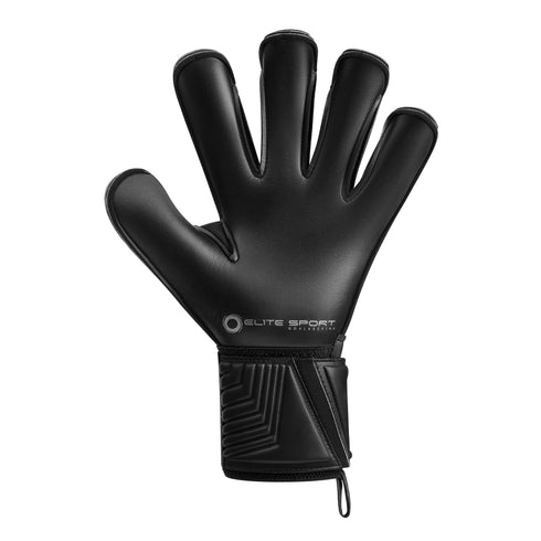 All-black Elite Sport goalkeeper glove shown from the palm side, featuring a textured wrist strap and the brand's logo. Isolated on a white background.