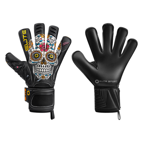 Elite Sport goalkeeper gloves. The back features a colorful sugar skull graphic on a black base, while the palm is solid black with a silver brand logo.