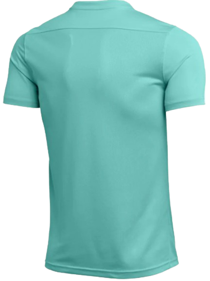 Back view of a light turquoise short-sleeved athletic t-shirt.