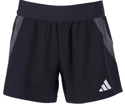 Black Adidas athletic shorts with grey side panels, a wide waistband, and a white Adidas logo on the bottom left.