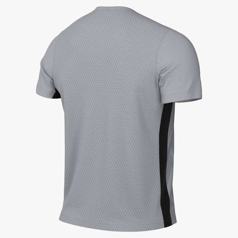 Back view of a grey short-sleeved athletic shirt with a perforated mesh texture and a vertical black stripe running down the side.