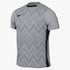 Grey Nike short-sleeve athletic shirt featuring a dark grey zig-zag pattern on the torso, black side panels, and a black swoosh on the chest.