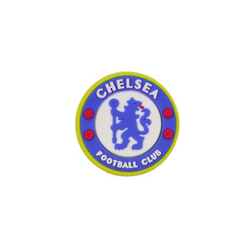 A Soccer Croc Charm featuring the Chelsea Football Club logo, with a blue lion on a white background, a blue ring with white text, and a yellow outer rim.