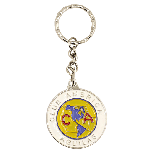 Silver keychain with a circular pendant featuring the Club América logo: a blue map on a yellow background, red "CA" letters, and the text "CLUB AMERICA AGUILAS".