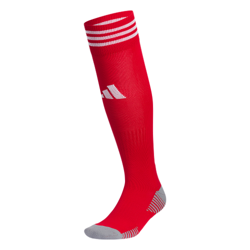 Red knee-high athletic sock with three white stripes at the top, white Adidas logo on the shin, and grey heel and toe accents.