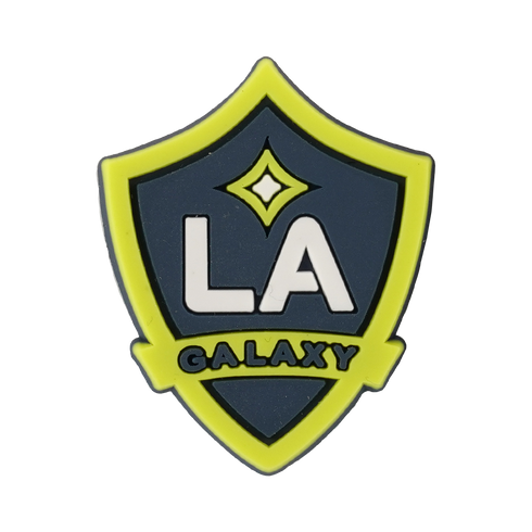 A Soccer Croc Charm featuring the LA Galaxy team logo on a navy blue and lime green shield.