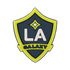 A Soccer Croc Charm featuring the LA Galaxy team logo on a navy blue and lime green shield.