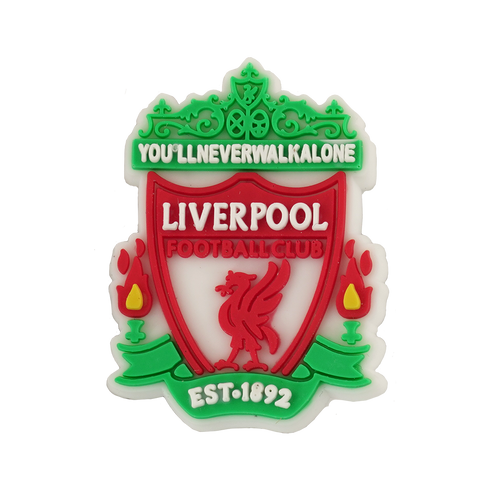 A Liverpool Football Club Soccer Croc Charm featuring the team's iconic crest in red and green, including the liver bird and "You'll Never Walk Alone" motto.
