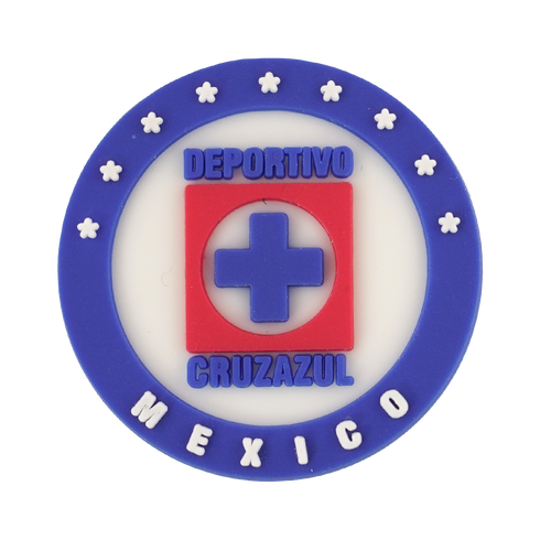 A soccer Croc charm featuring the Cruz Azul team logo, consisting of a blue cross inside a red square and white circle, bordered by a blue outer ring with white stars and "MEXICO" text.
