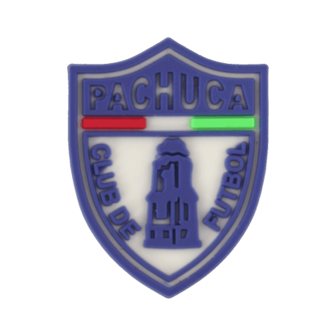 A blue and white shield logo for Pachuca Club de Futbol with red and green bars and a central illustration of the Monumental Clock of Pachuca.