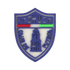 A soccer croc charm shaped like the blue and white shield crest of the Pachuca soccer club, featuring a central monument silhouette and red and green accents.