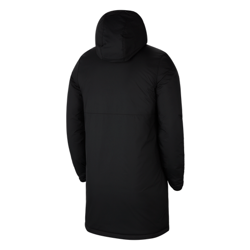 Back view of a long, black hooded parka with a horizontal seam across the middle, shown against a plain white background.