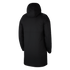 Back view of a long, black hooded parka with a horizontal seam across the middle, shown against a plain white background.