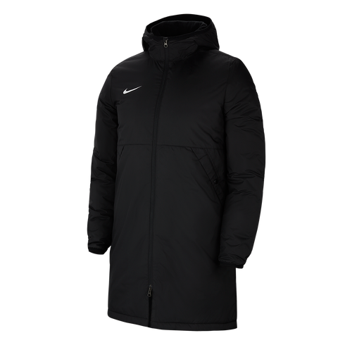 A long-length black Nike parka with a hood and a white swoosh logo on the chest.
