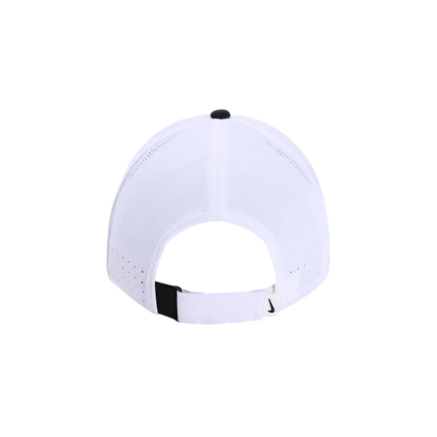 Back view of a white Nike baseball cap with perforated side panels, a black top button, and an adjustable strap featuring a small black swoosh logo.