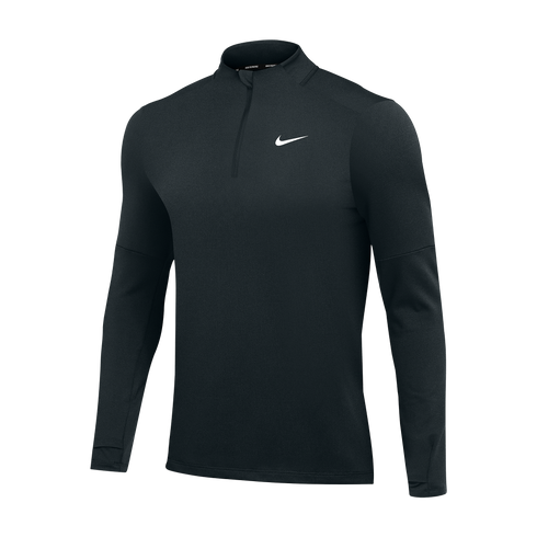 Black Nike half-zip long-sleeve athletic shirt featuring a white swoosh logo on the left chest and thumbholes at the cuffs.