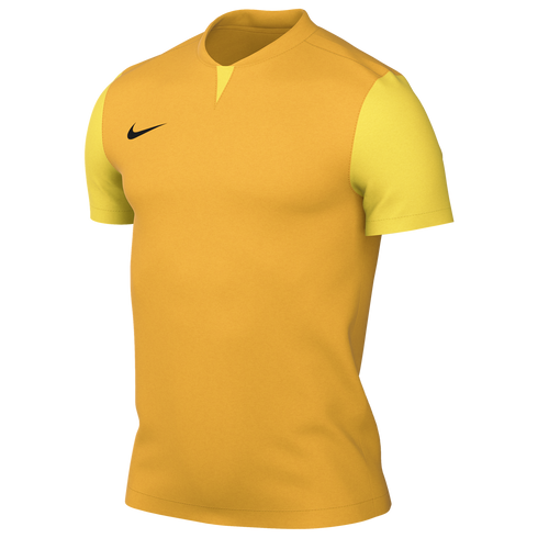 A gold Nike short-sleeved jersey with light yellow sleeves and a black swoosh logo on the chest.