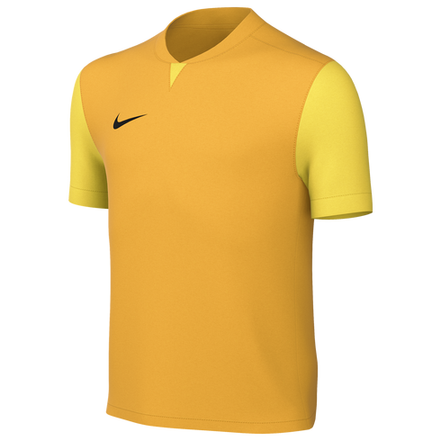 Yellow-orange Nike soccer jersey with bright yellow sleeves and a black swoosh on the chest. The short-sleeved shirt has a subtle V-neck collar.