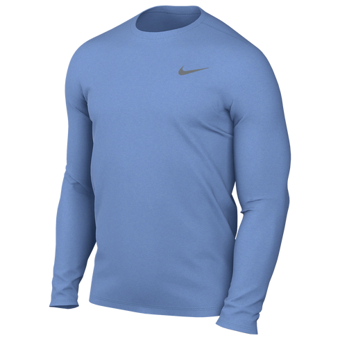 A light blue long-sleeved Nike performance crew-neck shirt with a small grey swoosh on the left chest.