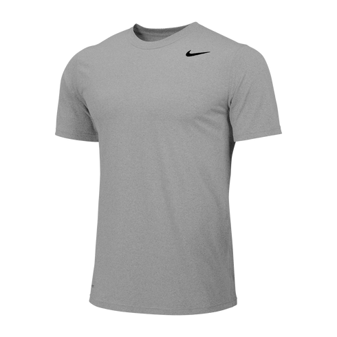 Heather gray Nike short-sleeve performance t-shirt with a black swoosh logo on the upper left chest.