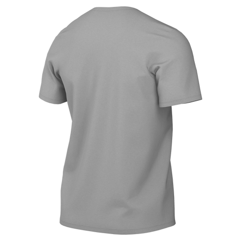 Back view of a plain grey short-sleeved crewneck t-shirt against a black background.