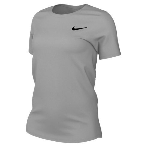 Light gray Nike short-sleeve crew neck t-shirt with a black swoosh logo on the chest. Shown from a three-quarter angle against a black background.