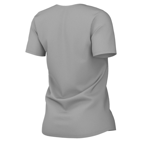 Rear view of a plain grey short-sleeved t-shirt against a solid black background.