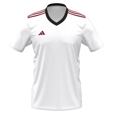 White Adidas athletic jersey featuring a black V-neck collar, maroon stripes on the shoulders, and a maroon logo on the right chest.