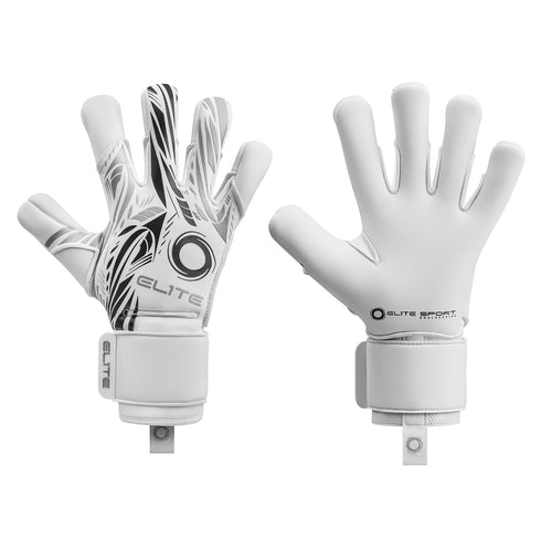 A pair of white Elite Sport goalkeeper gloves shown from both sides. The backhand features an abstract black and grey graphic pattern, while the palm is solid white.
