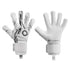 A pair of white Elite Sport goalkeeper gloves shown from both sides. The backhand features an abstract black and grey graphic pattern, while the palm is solid white.