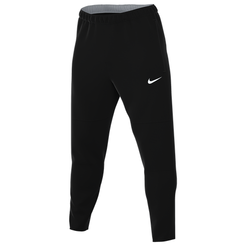 Black Nike athletic pants with a white swoosh logo on the left hip and an elastic waistband, shown against a white background.