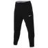 Black Nike athletic pants with a white swoosh logo on the left hip and an elastic waistband, shown against a white background.