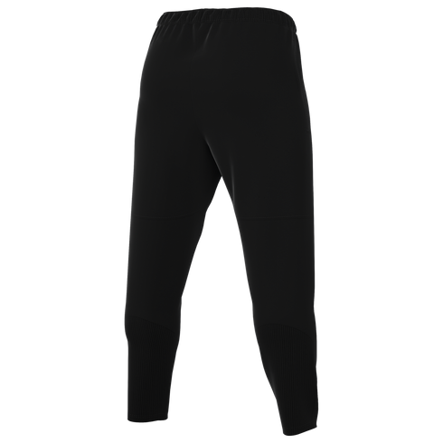 Rear view of black tapered athletic pants with an elastic waistband and ribbed lower leg panels.