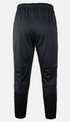 Rear view of black athletic jogger pants with an elastic waistband and horizontal seams at the knees.