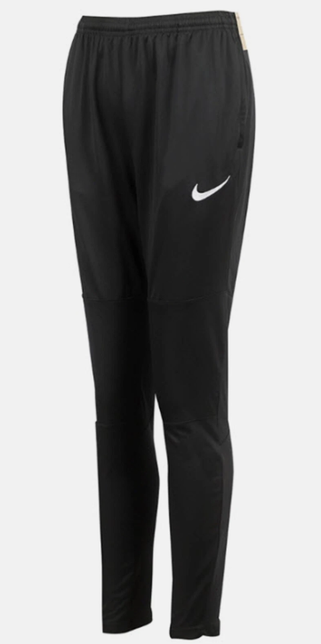 Black Nike training pants featuring a white swoosh logo on the left thigh, an elastic waistband, and a tapered fit with seam details below the knee.