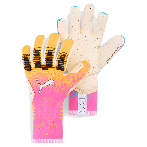 A pair of Puma goalkeeper gloves featuring a pink and orange back with a white cat logo and a speckled cream palm.