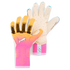 A pair of Puma goalkeeper gloves featuring a pink and orange back with a white cat logo and a speckled cream palm.
