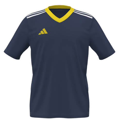 A navy blue short-sleeved Adidas jersey featuring a yellow V-neck collar, a yellow performance logo on the chest, and three white stripes on the shoulders.